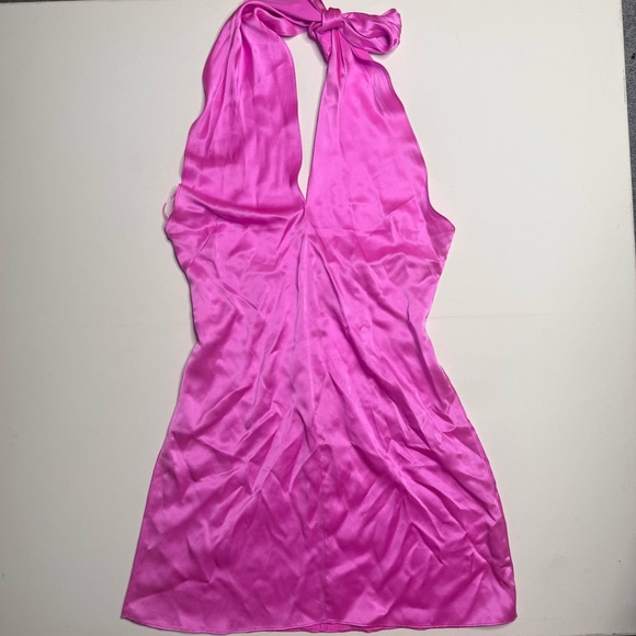AMANDA UPRICHARD Silk Halter Tie Deep V Neck Mini Dress Summer Vacation - Picture 3 of 5